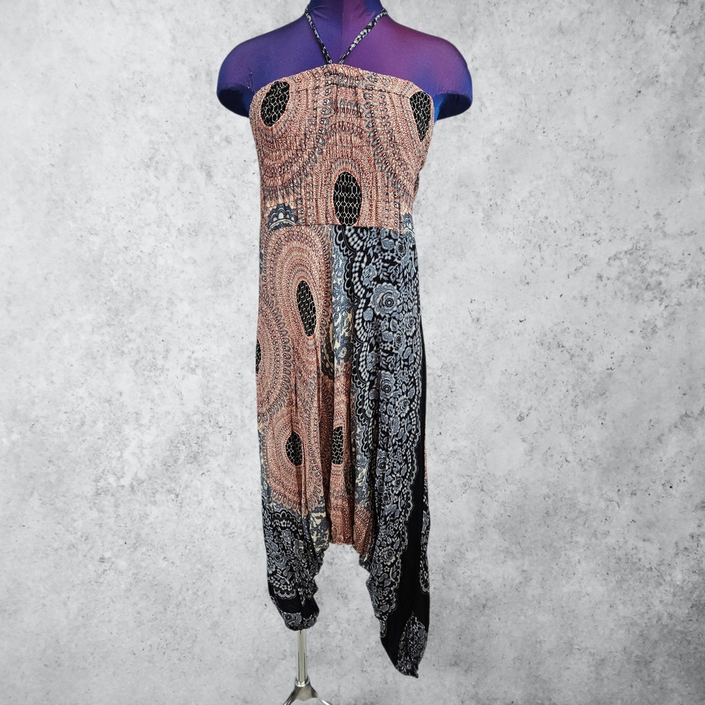 Lofbaz 2 in 1 Boho Paisley Smocked Halter Jumpsuit Harem Pants XL Mixed Print